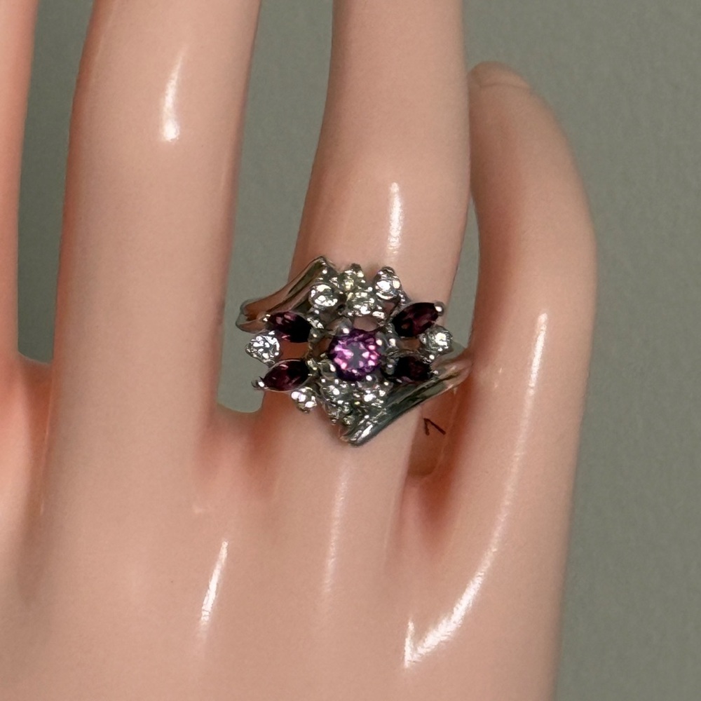 Elegant 18k Gold Electroplated Silver-Tone and Purple Gemstone Ring, Size 7